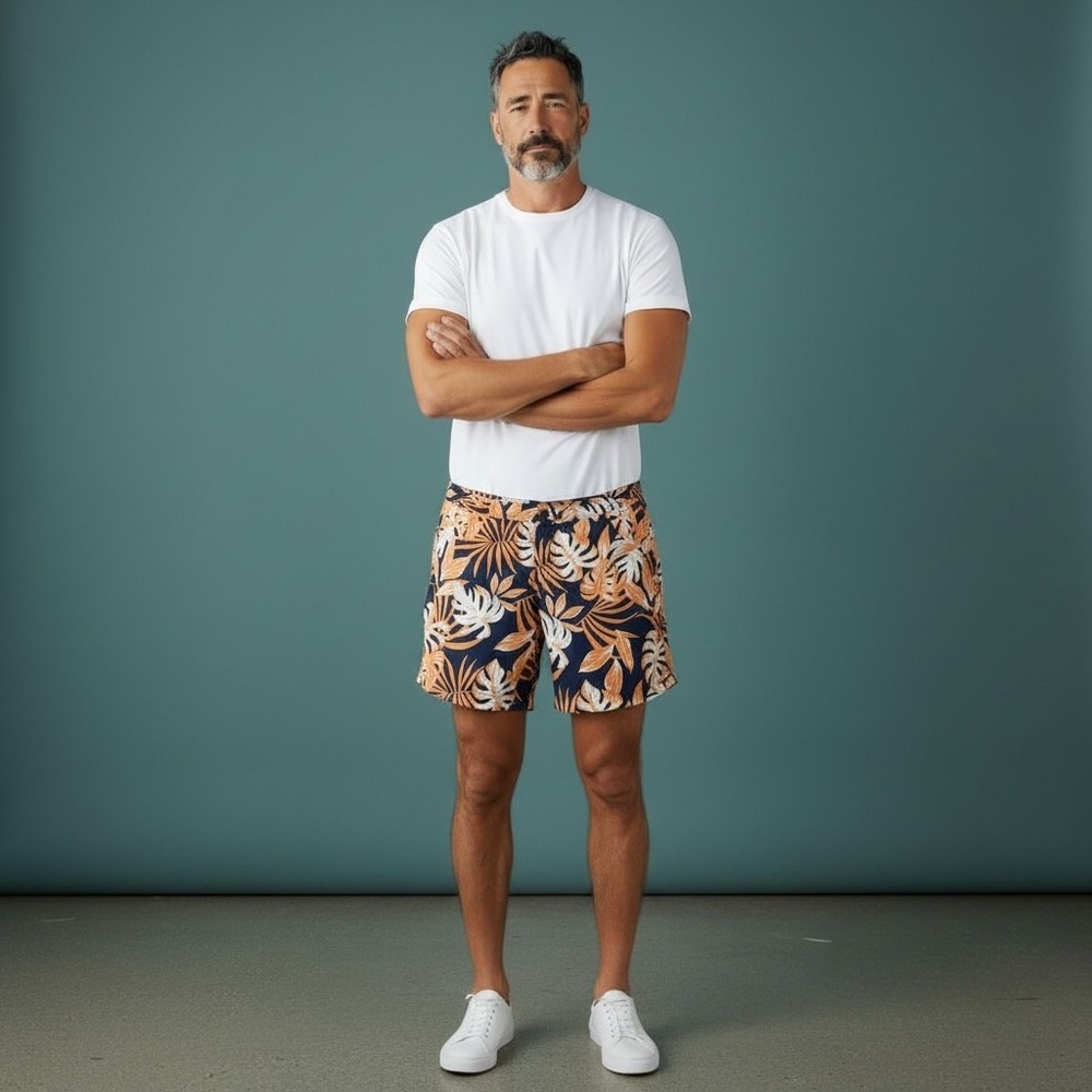 Onia Calder Men's Swim Trunks Navy Orange Leaf Print Size‎ L